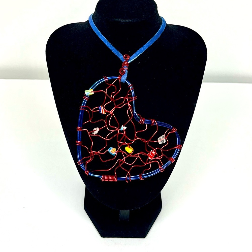 Handmade Blue Wire Heart Pendant with Multicolor Gemstones on Blue Leather Cord